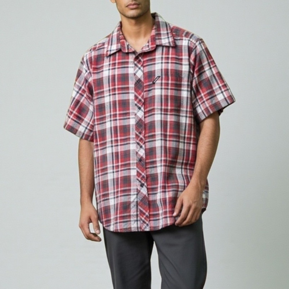 Ecko Unltd Mens‎ Red Plaid Short Sleeve Button Up Shirt Skull Wing Graphic Large